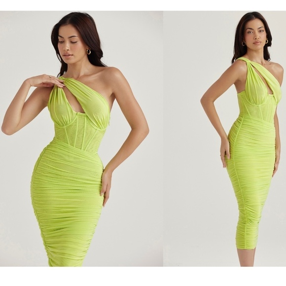 HOUSE OF CB 'Valentina'Lime neon Asymmetric Cutout Midi‎ Dress/Size XS plus cup - Picture 3 of 16